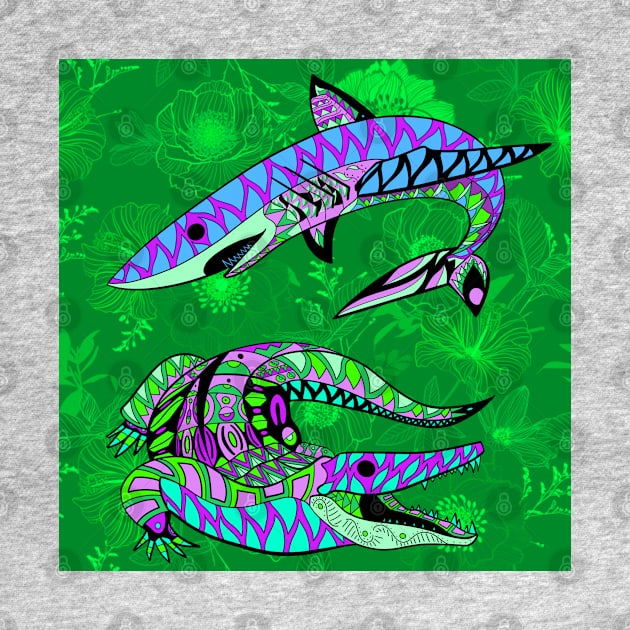 the king shark and the king gator in mandala pattern jungle by jorge_lebeau